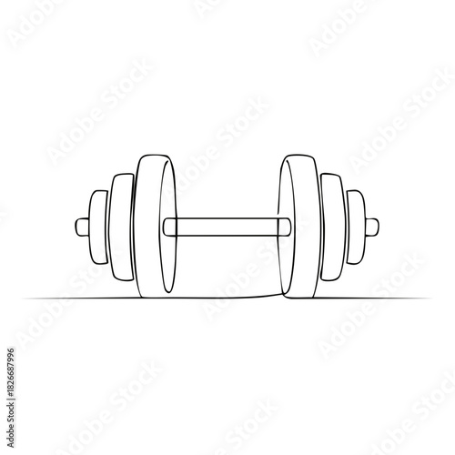 Continuous line art drawing of a barbell weight for strength training and fitness workout