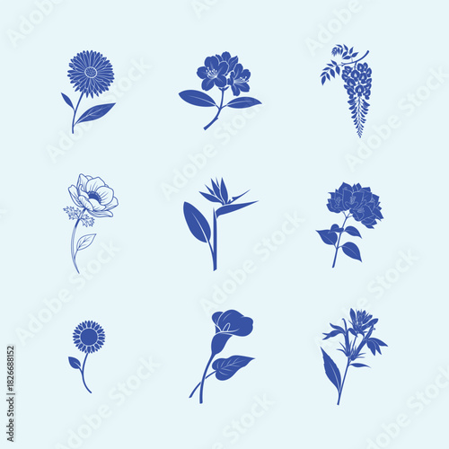 Collection of nine blue flower illustrations on light blue background