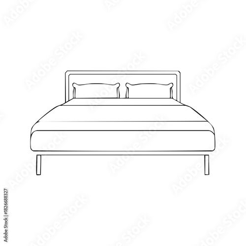 Clean outline drawing of a double bed with two pillows and a neatly made mattress and blanket.