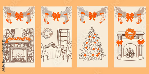 Cozy christmas scenes with fireplaces tree and festive decorations