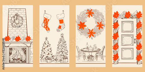 Cozy christmas scene collection with fireplace trees stockings wreath and door