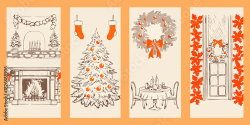 Cozy christmas scenes with fireplace tree wreath and dining table