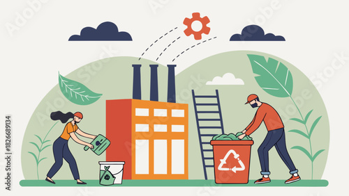 People recycling waste near a factory with a gear icon and clouds above the chimneys outside