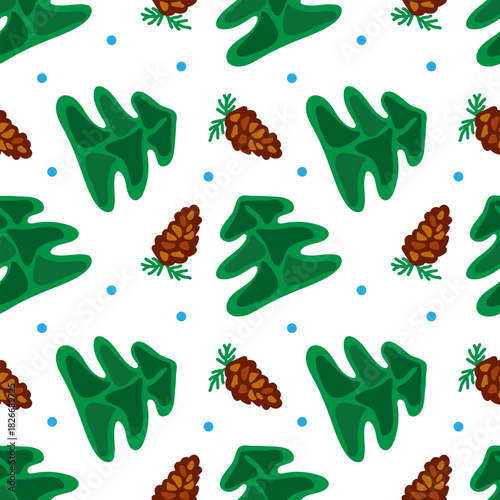 Seamless pattern with pines and cones in a flat vector style in green, brown and white tones for a winter holiday background