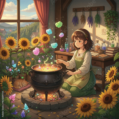 A young witch in an apron stirs a bubbling cauldron surrounded by sunflowers and magical elements, with a cat sleeping nearby.