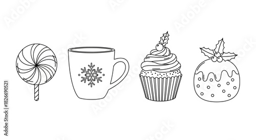 Festive holiday treats ready for coloring fun, enjoy a lollipop, snowflake mug, cupcake, and pudding in this classic line art illustration