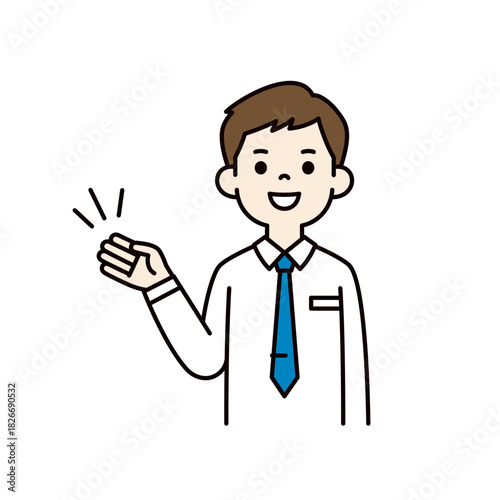 笑顔で案内する、ワイシャツ姿の若いビジネスマンの上半身ベクターイラスト素材＿カラー