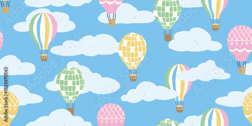 Pastel seamless pattern with hot air balloons and clouds. Kids aerostat background