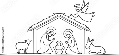 Continuous one line drawing. Bible Merry christmas scene of holy family. Vector illustration