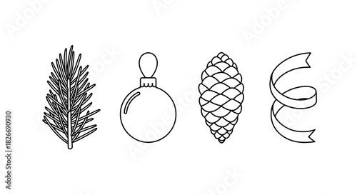 Delightful holiday cheer with festive ornament, pinecone, tree branch, and ribbon elements for joyful seasonal celebration and creative designs, originally vector graphics