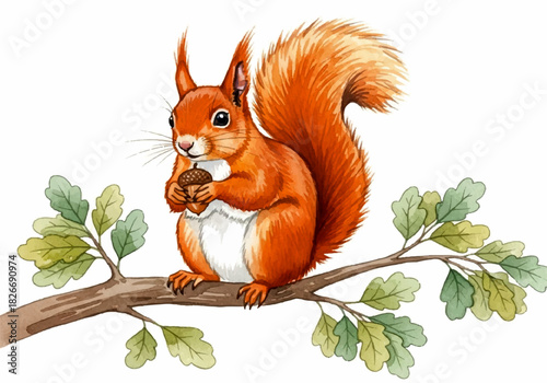 Vibrant watercolor illustration of a charming red squirrel perched on an oak branch, holding a tasty acorn, capturing forest wildlife