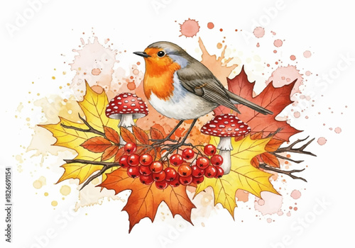 Vibrant watercolor illustration of an autumn robin perched on colorful maple leaves with rowan berries and mushrooms, capturing seasonal beauty