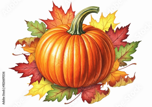 Hand-painted watercolor pumpkin with a stunning array of colorful fall leaves for seasonal decor