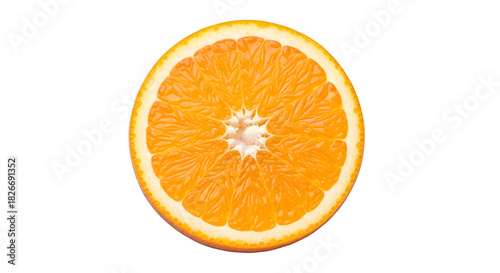 A vibrant, juicy crosssection slice of a fresh orange fruit, showcasing its bright orange flesh, segments, and white pith, isolated on transparent background for clean graphic use