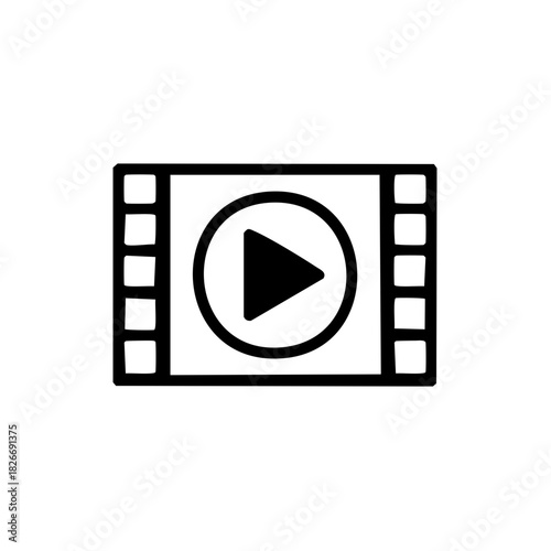 Hand drawn film strip with play button icon doodle. Sketchy video media player symbol illustration.