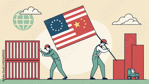 Illustration showing us and china flag, workers, containers, and a graph representing trade issues