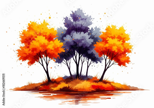 Vibrant watercolor autumn trees on an island, a beautiful and colorful nature artwork