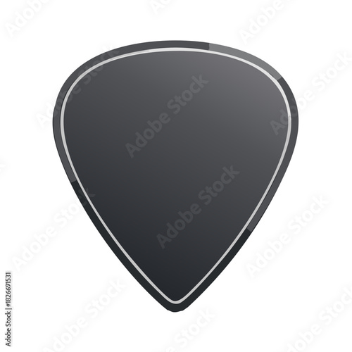 A dark gray guitar pick with a white border and a glossy finish on a white background