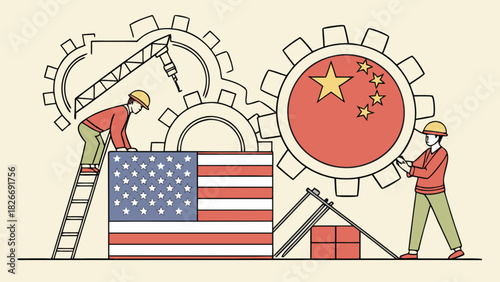 Illustration showing us and china flags with workers and gears representing trade and industry