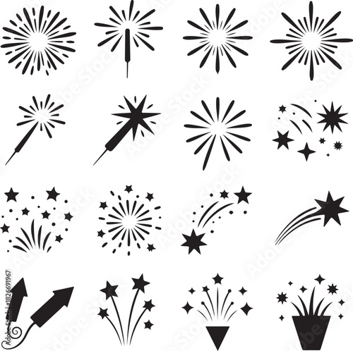 Collection of festive firework and sparkler vector icons set in black