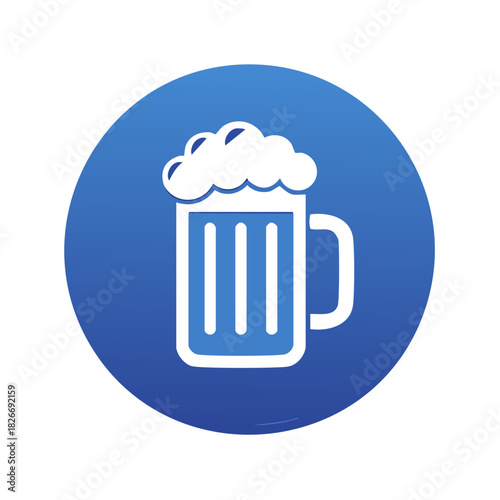 Stylized beer mug icon with foamy head on a blue circular background