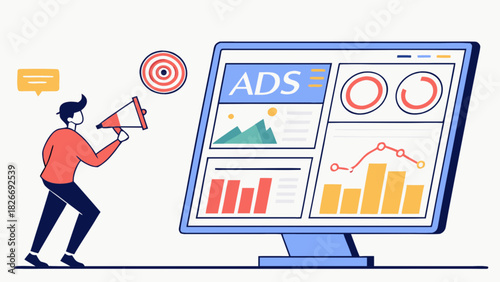 Man with megaphone promoting ads on a computer screen with charts and target in the background