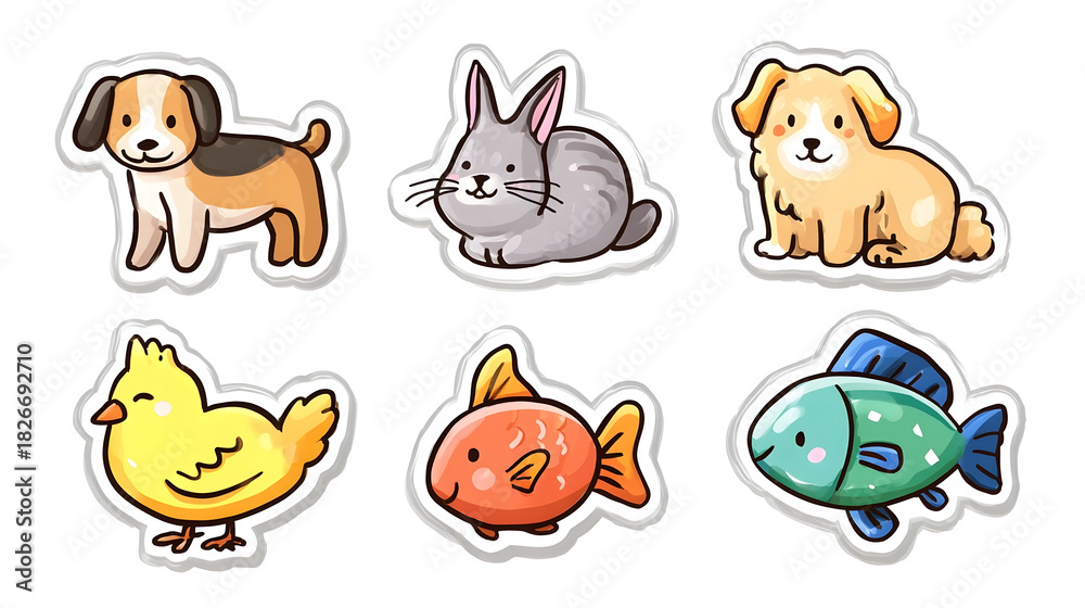 Obraz premium A charming collection of cute cartoon pet animal stickers including dogs rabbit bird and fish isolated on a clean white background