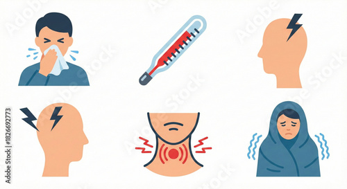 Vector Illustration Set of Common Sickness Symptoms and Health Ailments Icons