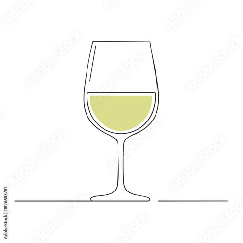 Continuous line drawing of an elegant white wine glass filled with refreshing beverage minimalist style