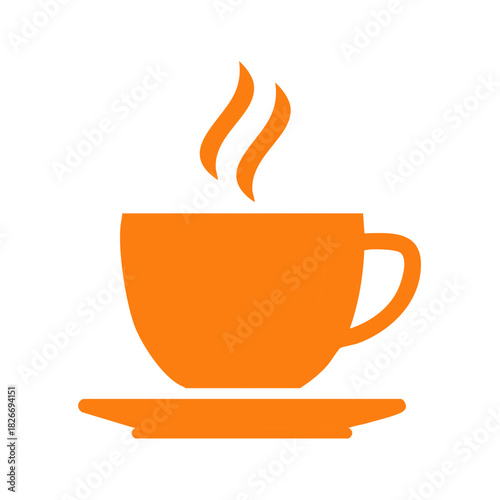 Orange cup and saucer with steam rising representing a hot beverage
