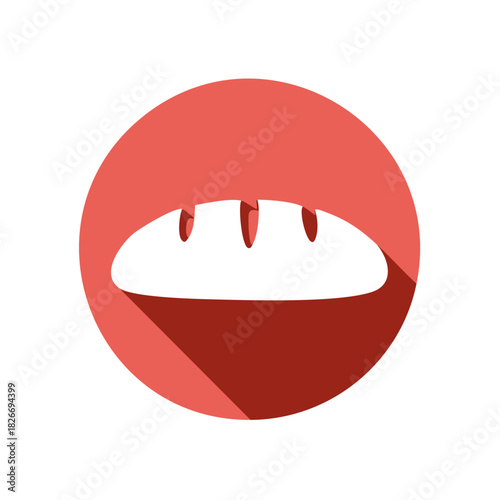 White bread loaf icon in flat design style within a red circle with modern long shadow