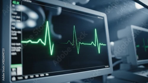Closeup of a medical monitor displaying a green ecg heartbeat waveform