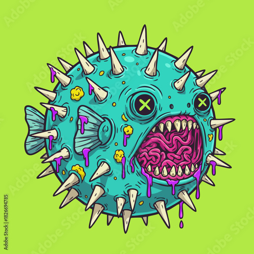 Psychedelic Spiky Pufferfish Monster Illustration on Neon Background