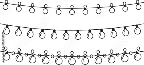 Garland lights set hand drawn vector illustration. Various string light bulbs outline drawing. Holiday indoor and outdoor decoration. Design element for cards, banner, poster, packaging
