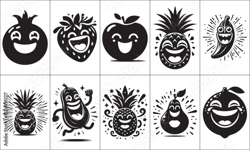 Laughing & Funny Fruit Black Silhouette Design Bundle. Funny Fruit Silhouette Budle