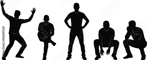 Silhouette people in expressive poses, squatting, sitting, standing, gesture pack for animation, movement study, cad drawing flat vector illustration
