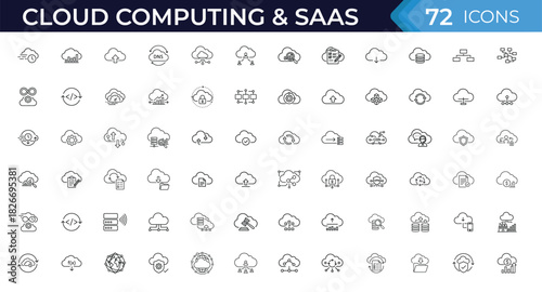 Cloud computing and SaaS line icon set. Vector pictograms of storage, analytics, upload, download, networking, server, API, security, backup, database, workflow, and technology illustration