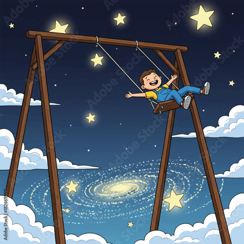 Joyful cartoon boy on a swing set flying through the night sky among clouds, stars, and a galaxy.