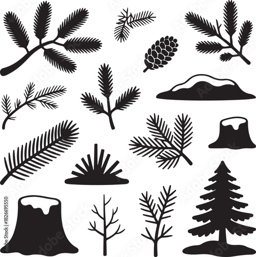 Collection of monochrome forest elements silhouette isolated on white background