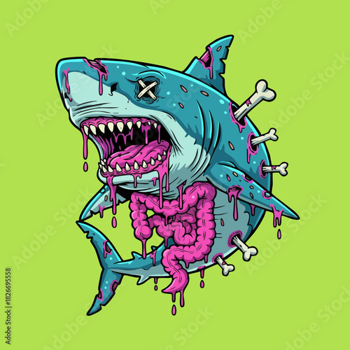 Aggressive Cartoon Zombie Shark Monster Vector Illustration