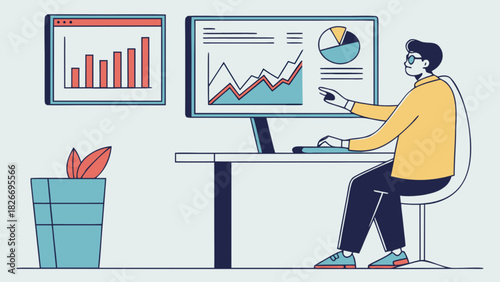 Man analyzing data on computer with charts and graphs in a modern office environment setting view
