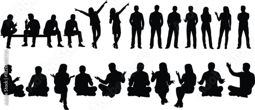 Silhouette people sitting, standing, gesturing, talking, relaxing, crowd interaction, social communication, group dynamics, bench pose, casual gathering, cad drawing flat vector illustration