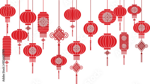 Traditional Chinese red lanterns hanging in festive arrangement, intricate patterns, tassels, knots, celebration decor for Lunar New Year illustration, cad drawing flat vector illustration