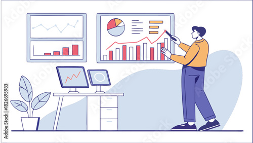 Man presenting data on charts and graphs with a pointer in an office environment with monitors
