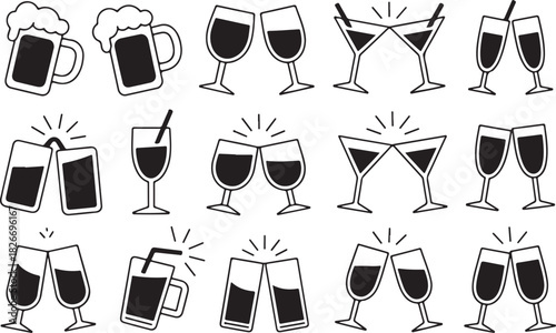 Glasses clinking icons set