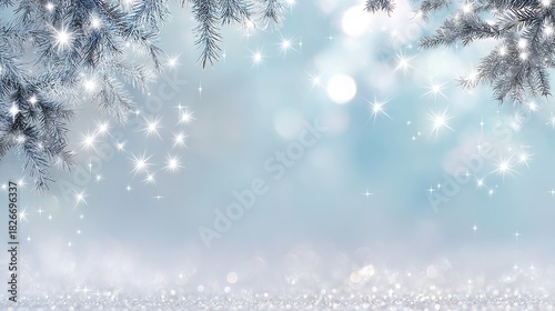 Serene winter scene with white snowy landscape background, blurred light blue and white tones, and hanging frosted pine branches. Calm, wintry nature setting capturing peaceful cold-season beauty.