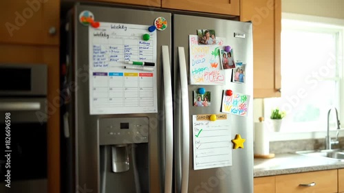 Refrigerator in a kitchen with family photos and notes attached