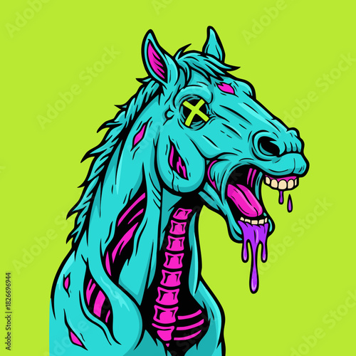 Aggressive Zombie Horse Head Illustration on Neon Background