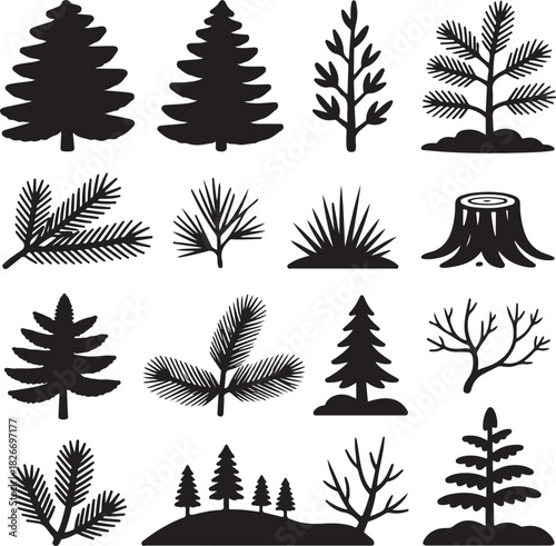 Collection of stylized tree silhouettes in black and white vector illustration