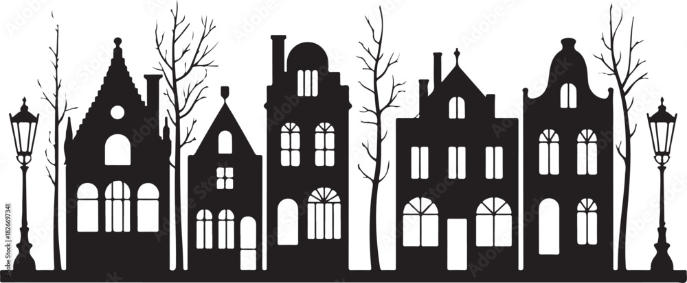 Obraz premium Laser cut Amsterdam style houses. Silhouette of row typical dutch canal houses at Netherlands. Stylized facade of old buildings. Wood carving, paper cut vector template. Background for banner, card